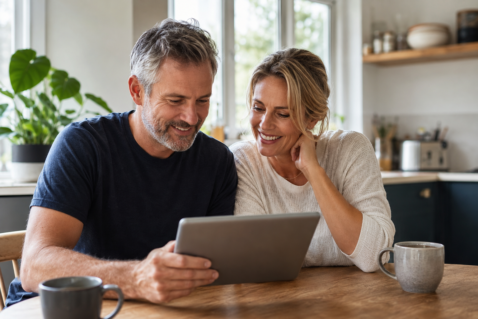 Couple relaxing with a coffee in a bright, cosy kitchen