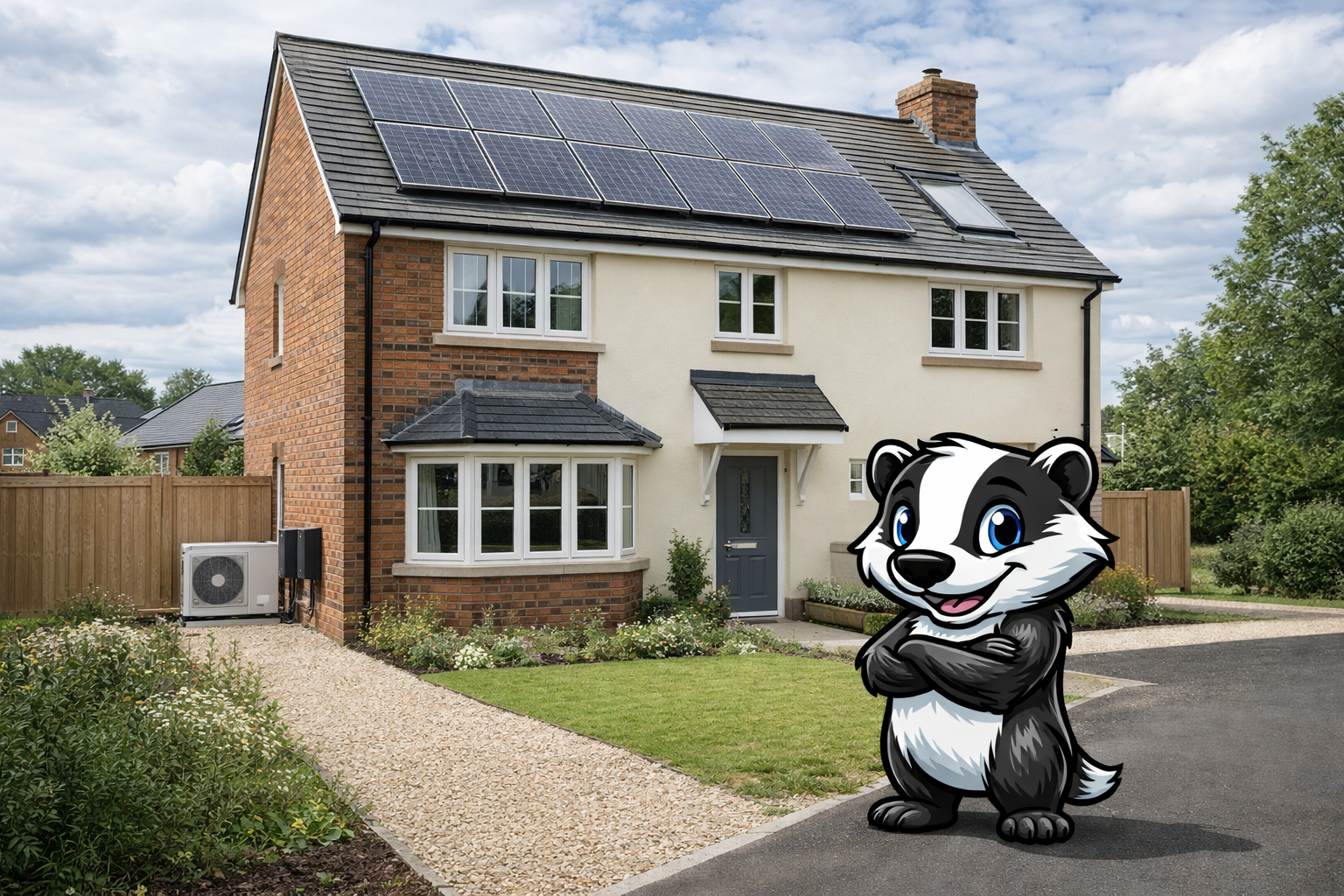 Modern home with solar panels and Energy Badger mascot